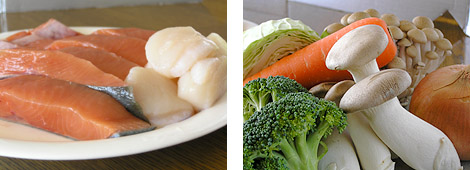 鮭などのシーフードや野菜を用意してください。