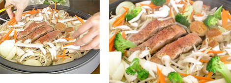鮭は皮目から焼きます。