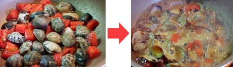アサリがぱっと口を開いたら、火が通った合図です。