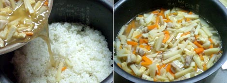 ご飯と一緒に炊飯器へ！後は、炊き上がるのを待つだけです！！