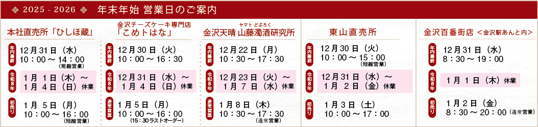 年末年始 各店舗営業日のご案内